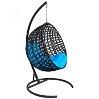 Подвесное кресло M-GROUP круглый Люкс с ротангом чёрное, голубая подушка